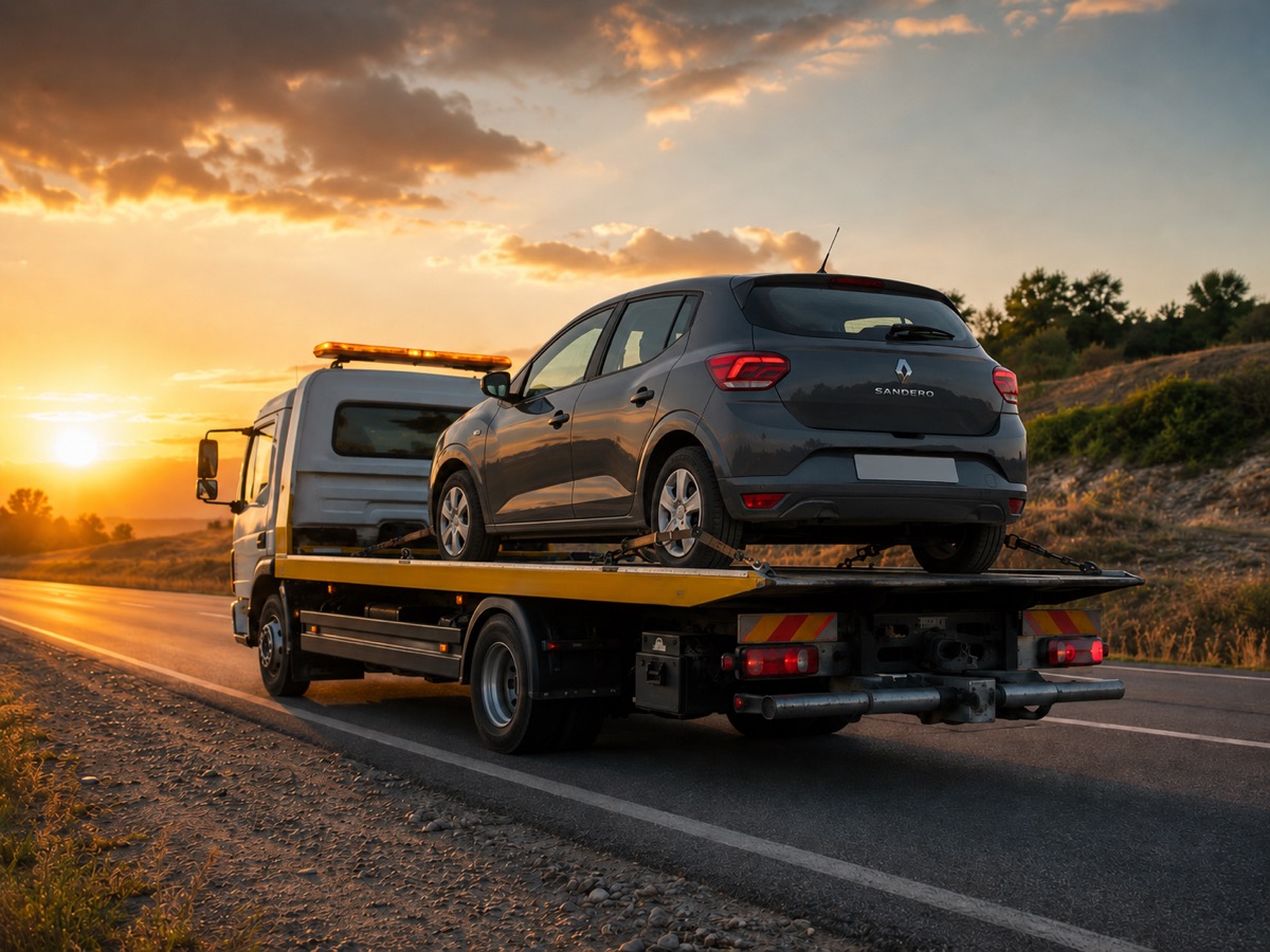 Guincho transportando um carro ao pôr do sol — assistência 24 horas