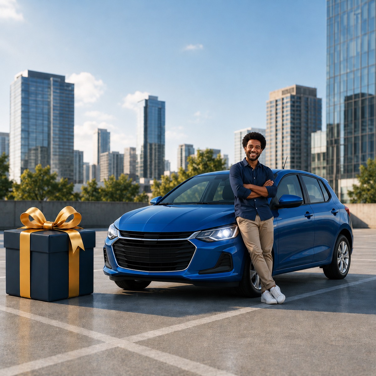 Motorista ao lado do carro novo com presente — classe de bônus