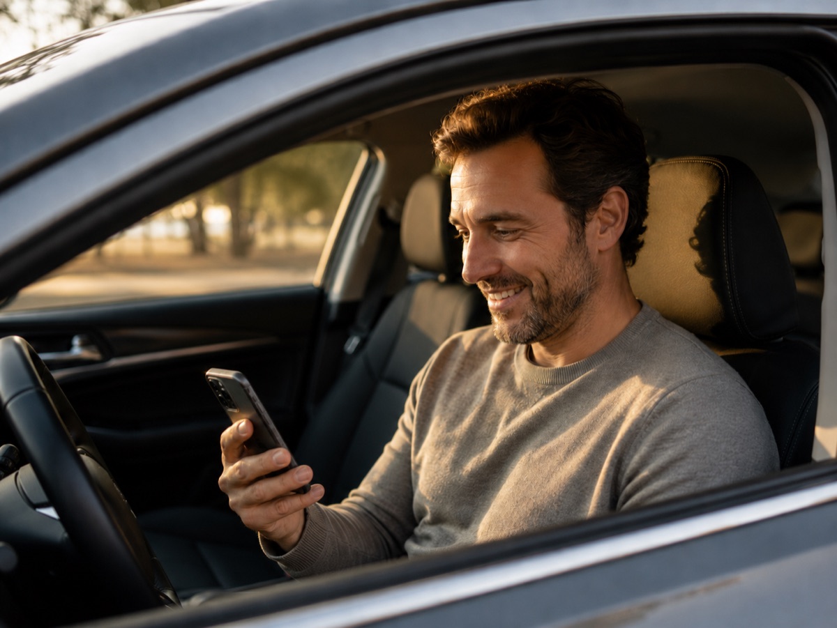 Homem sorrindo dentro do carro enquanto faz a cotação do seguro pelo celular